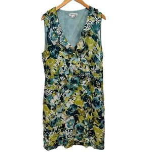 Pendleton Floral 100% Silk WOMENS PLUS Dress Size 16 BLUE GREEN RUFFLES‎ v neck